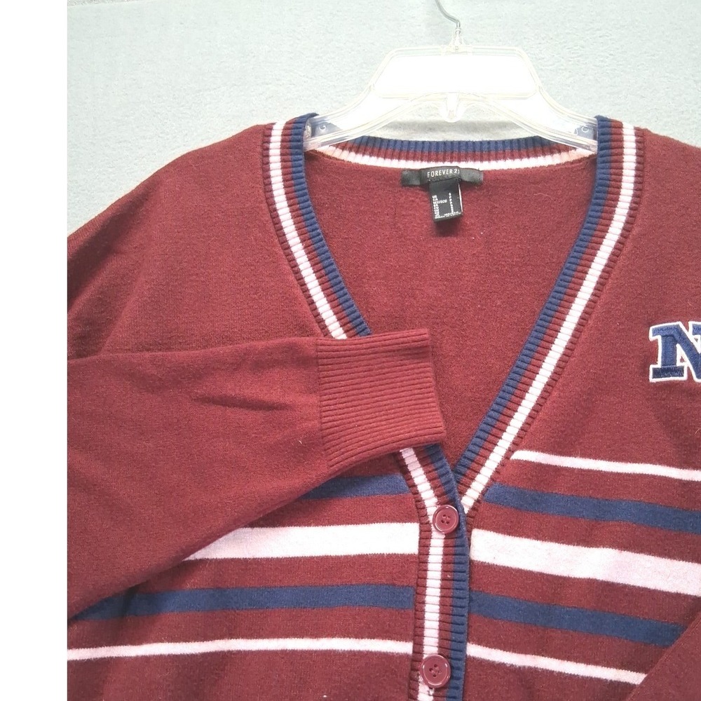 Forever 21 NYC Women Crop Button Up Sweater Maroon Striped Size S